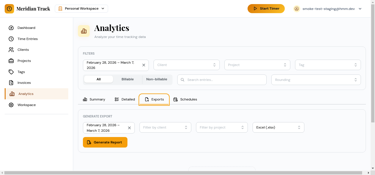 Analytics exports tab