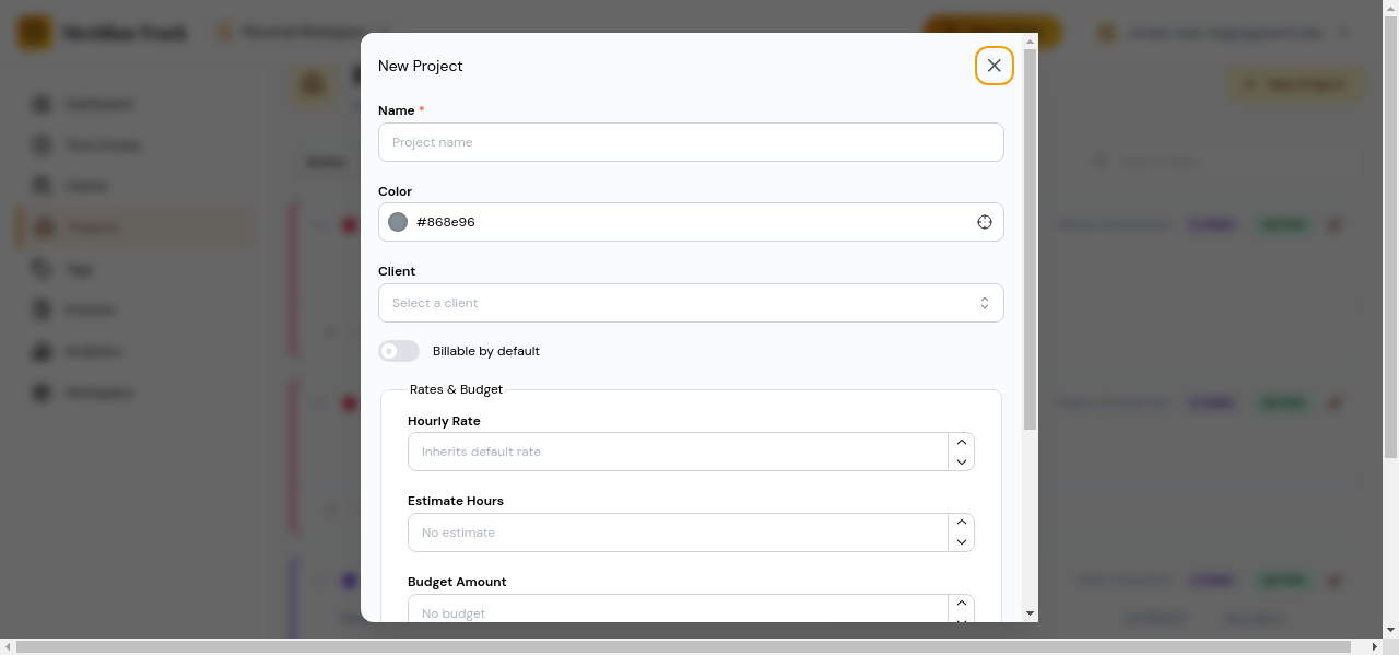 Create project modal