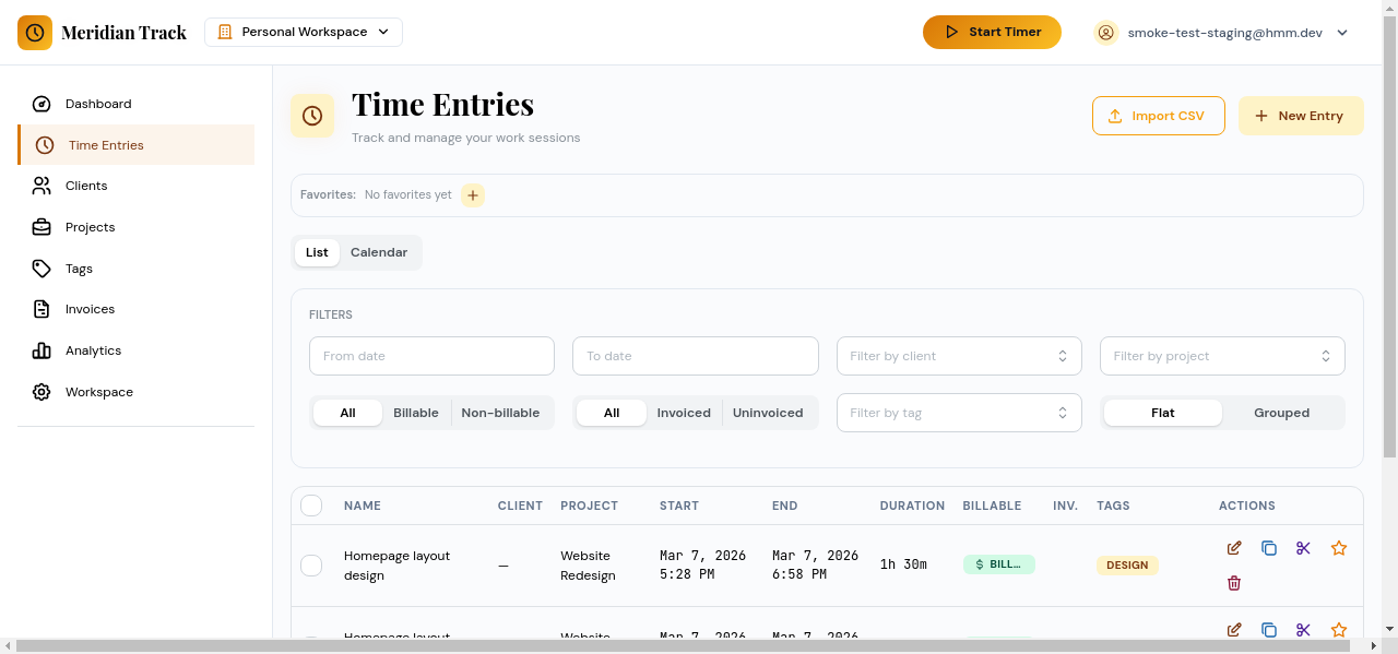 Time entries list view