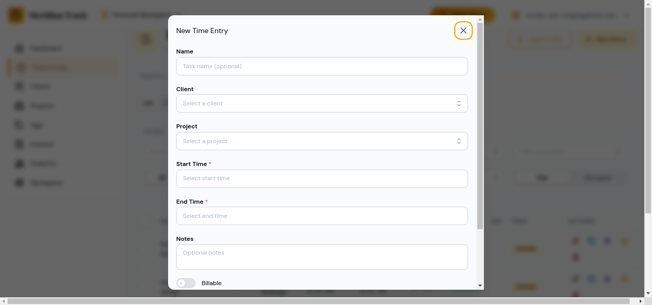 Create time entry modal