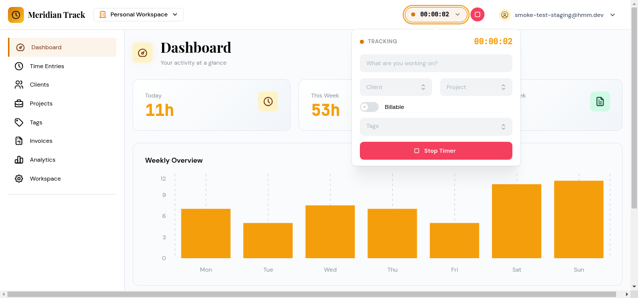 Timer popover with task details and stop button